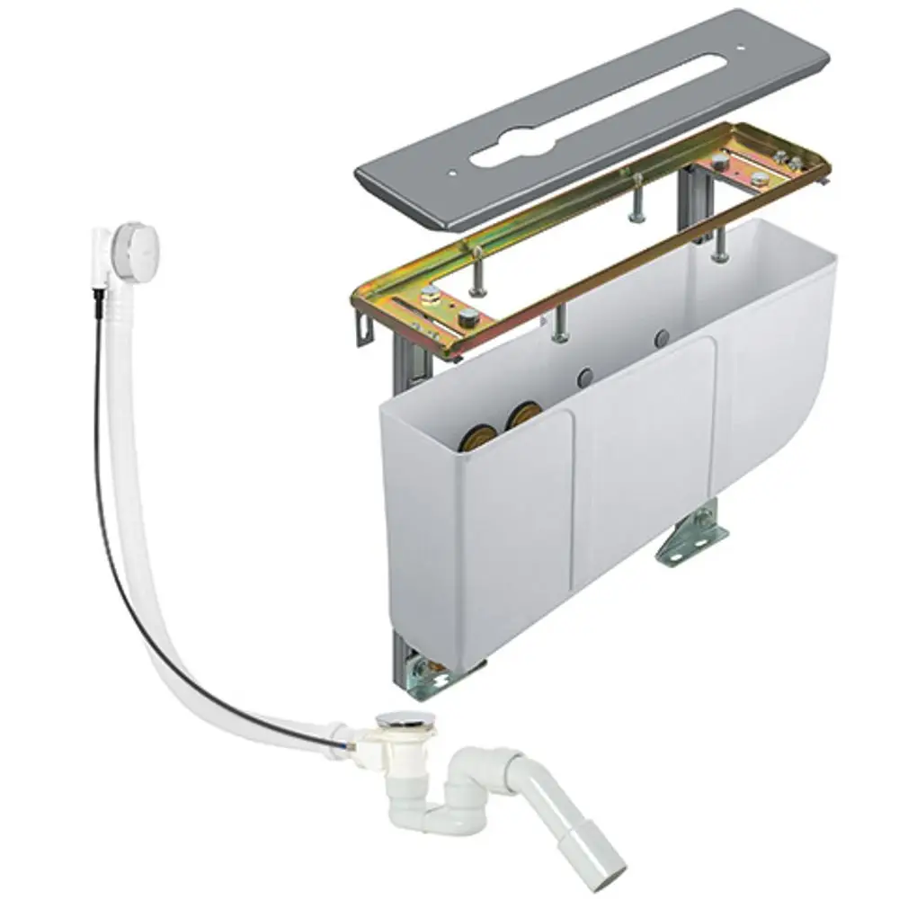 Montageeinheit von Kludi für Wannenarmaturen, bestehend aus Gehäuse, Montageplatte und Rohren zur Installation in der Wand.